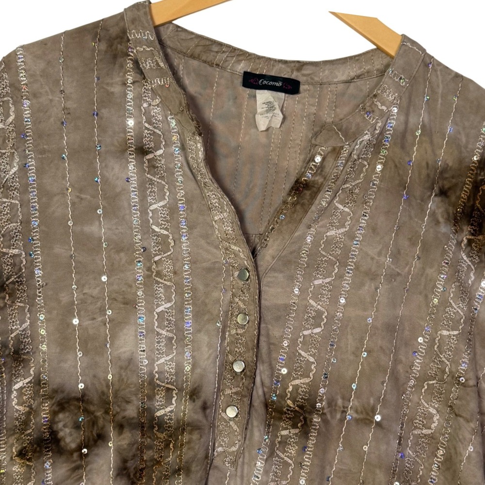 Cocomo Womens XL Brown Tie Dye Sequin Stripe Tunic Blouse Boho Roll Tab Top